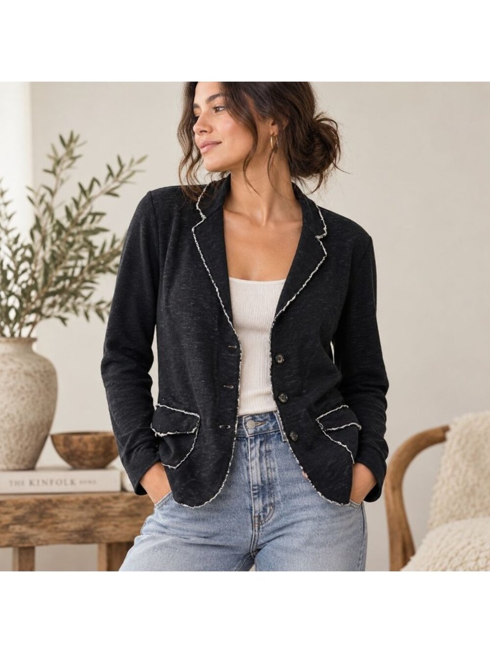 Majestic Filatures Paris Black Cashmere Cotton Knit Blazer Raw Edge Jacket Sz 4